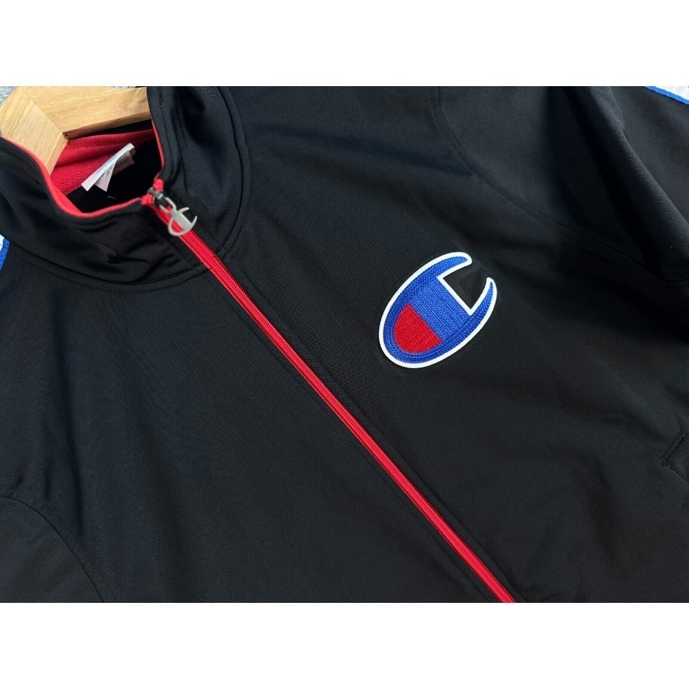 Champion Mens Track Jacket Black Red Blue Logo Tape Full Zip XL